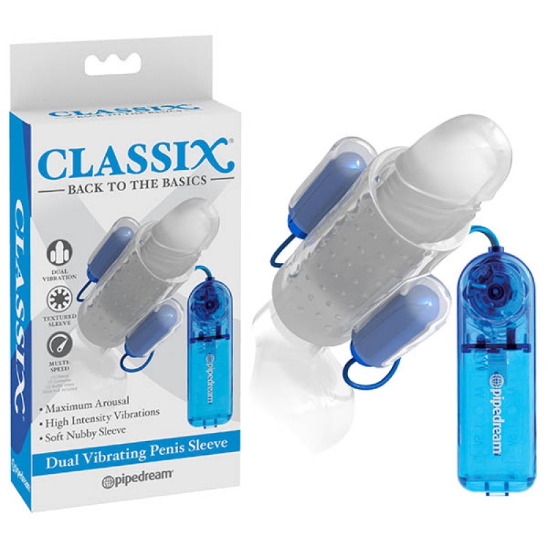 Classix Dual Vibrating Penis Sleeve - Blue